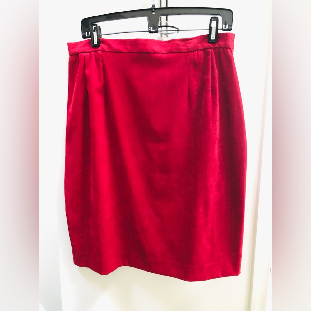 Elegant Suede Like Red Women's Skirt Back Zipper & Slit Length Approximately 23”